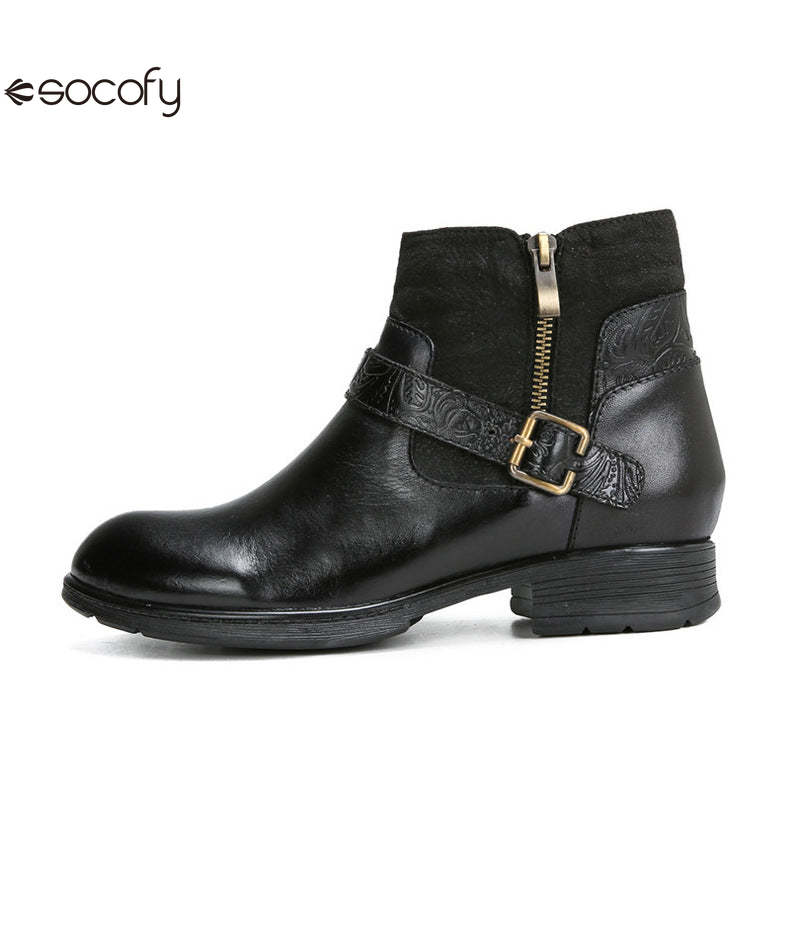 Socofy Vicconfy Women's Round Toe Cowhide Ethnic Leather Boots Fashion Boots