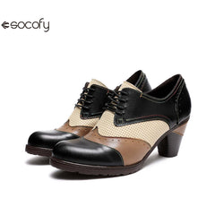 Socofy Thick-heeled retro ethnic style low-top round-toe women pumps