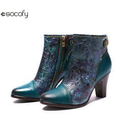 SOCOFY Genuine Leather Retro Handmade Exquisite Embossed Fashion Zip Winter Boots