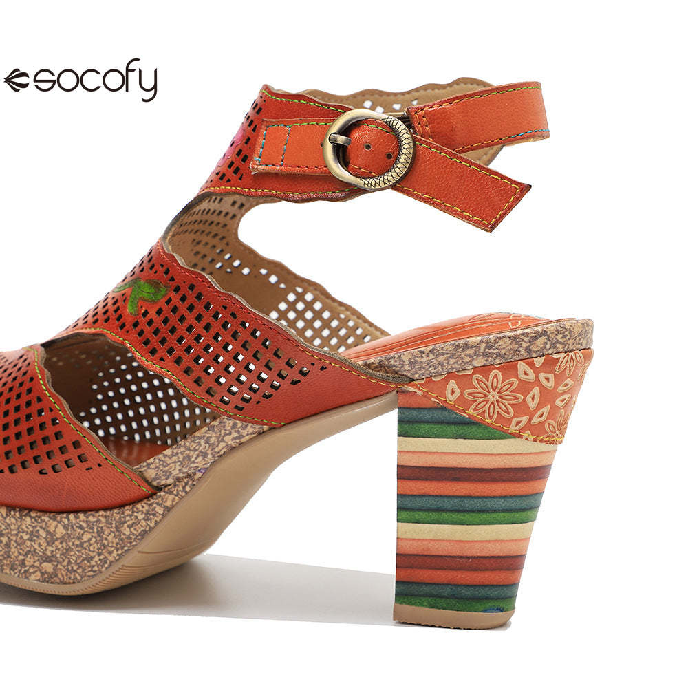 Socofy new retro genuine leather hollow color layer leather high heel sandals