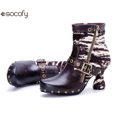 Socofy Vicconfy Retro Handmade Zebra Pattern Buckle Ankle Boots