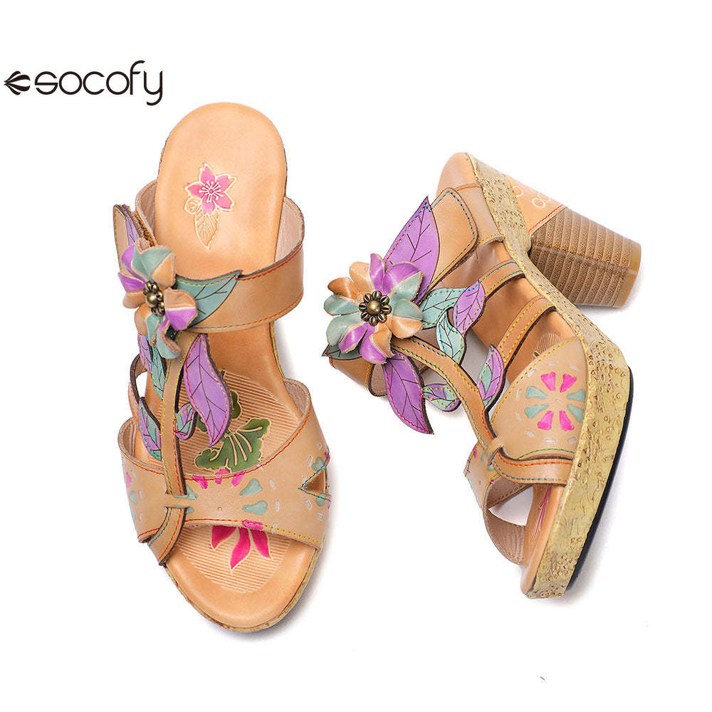 Socofy Vicconfy Flower Patchwork Head Cowhide High Heel Women's Sandals Slippers