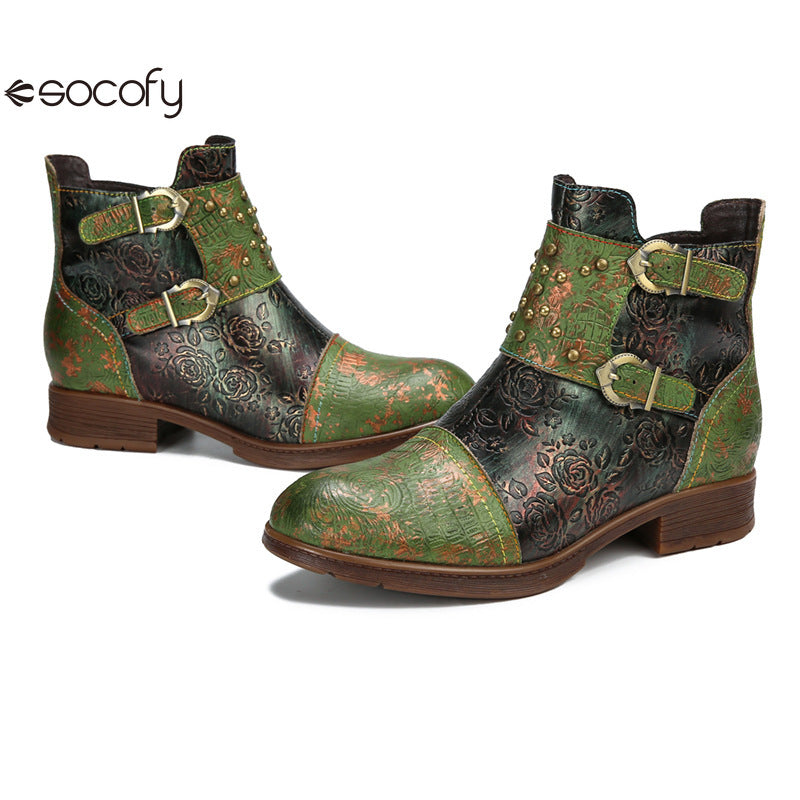 Socofy Vicconfy Genuine Leather Ethnic Vintage Rivet Belt Buckle Boots