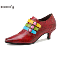 Socofy Red Leather Vintage Buckle High Heels Women's Shoes