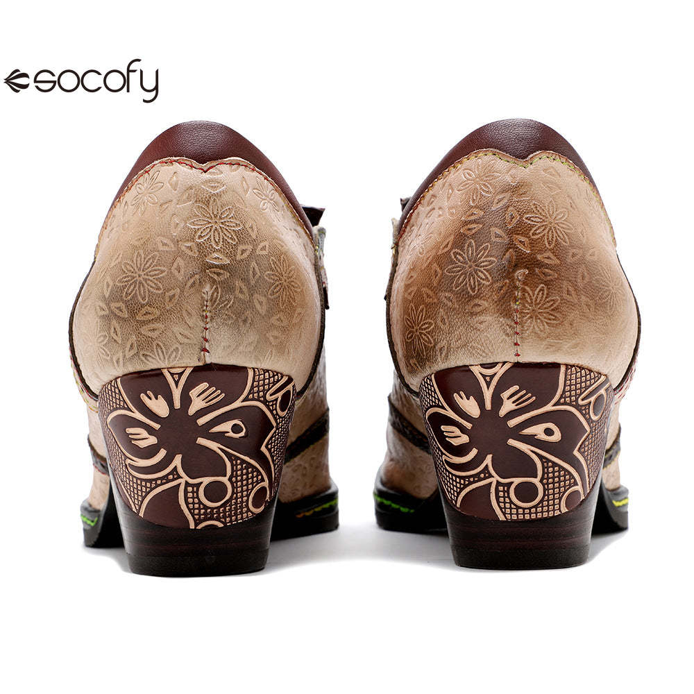 Socofy new spot genuine leather retro style contrasting brogue casual women's thick heel high heels