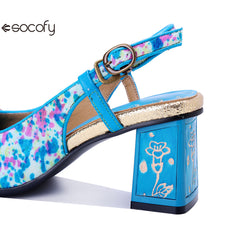 Socofy Handmade Leather Crushed Flower Chunky High Heeled Sandals