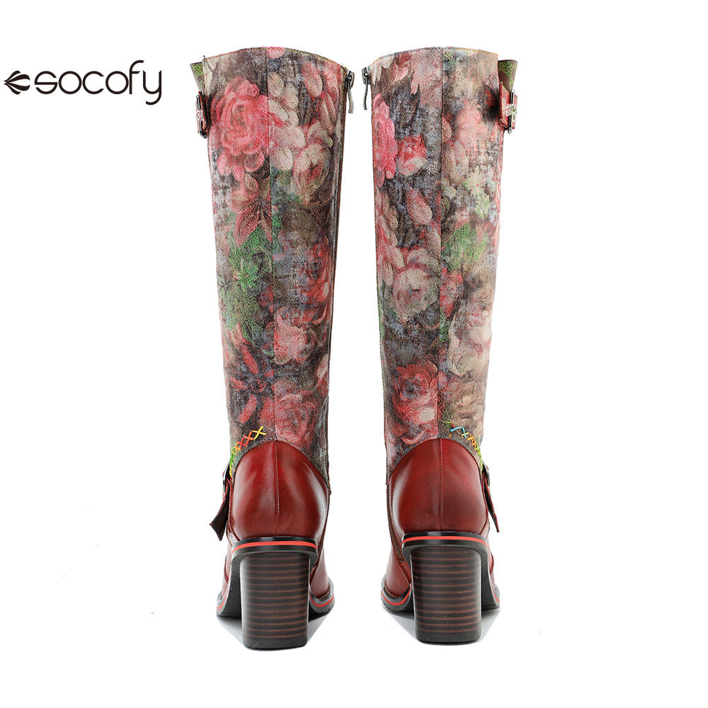 Socofy Vicconfy Handmade Color Rubbed Leather Printed Belt Buckle Chunky Heel Women's Boots