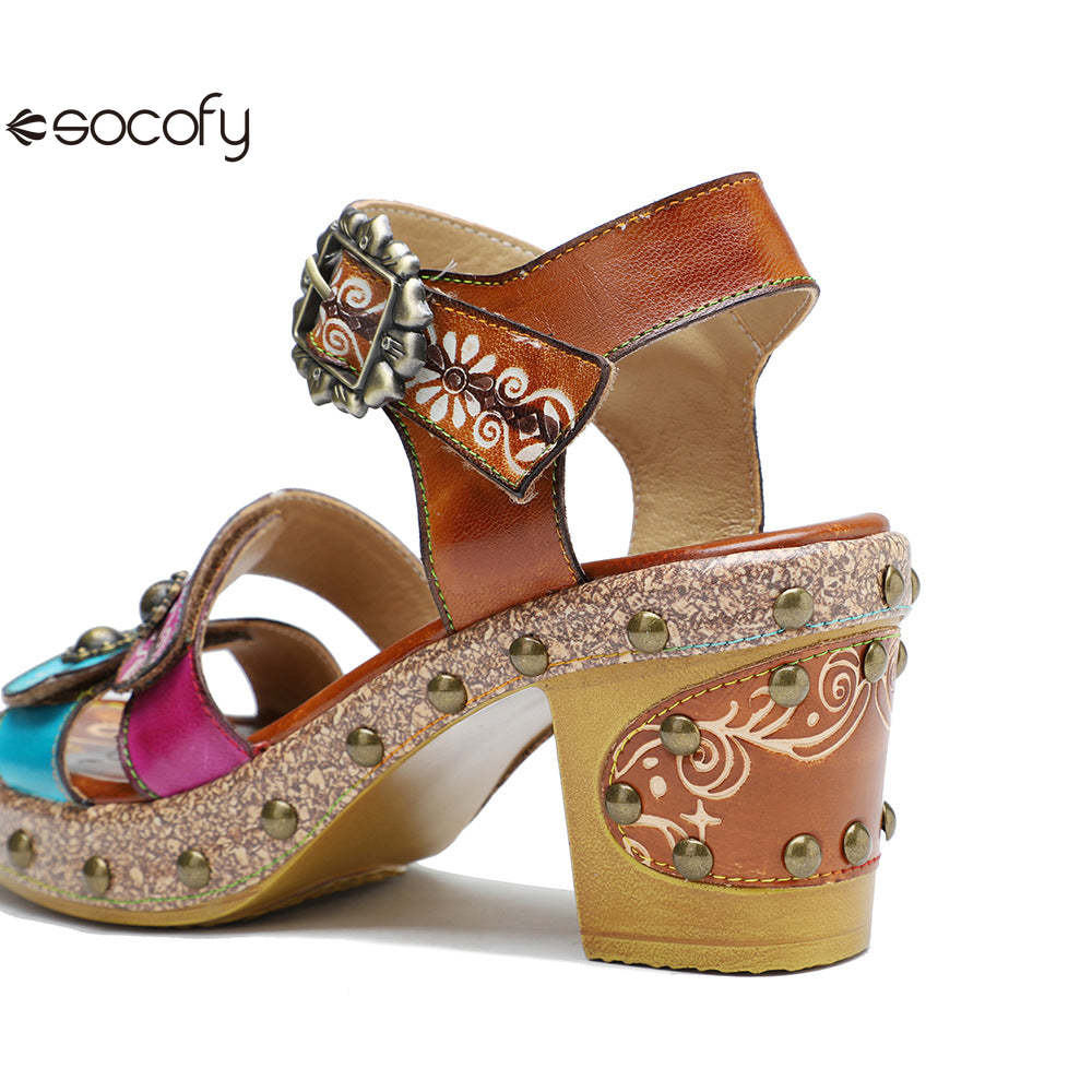 Socofy Summer Leather Retro Rivet Clash Colour High Heeled Sandals