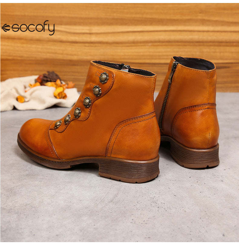 Socofy Vicconfy Women's Rivet Leather Boots Vintage Women's Shoes