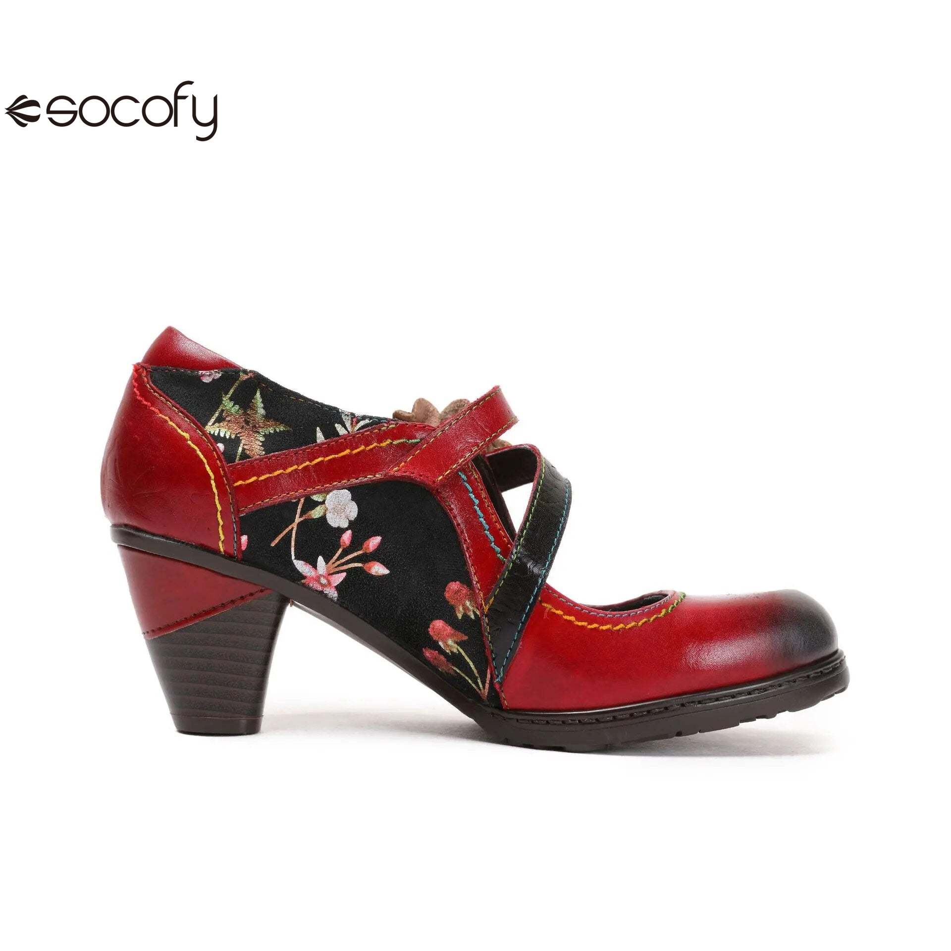 Socofy Vicconfy Colorful Stitching Painted Flower Spring Hook Loop Genuine Leather Spike Heels Round Toe Women Pumps