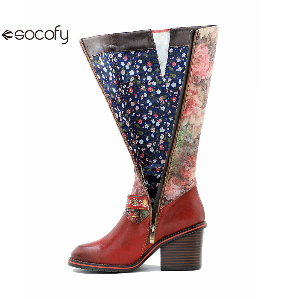 Socofy Vicconfy Handmade Color Rubbed Leather Printed Belt Buckle Chunky Heel Women's Boots