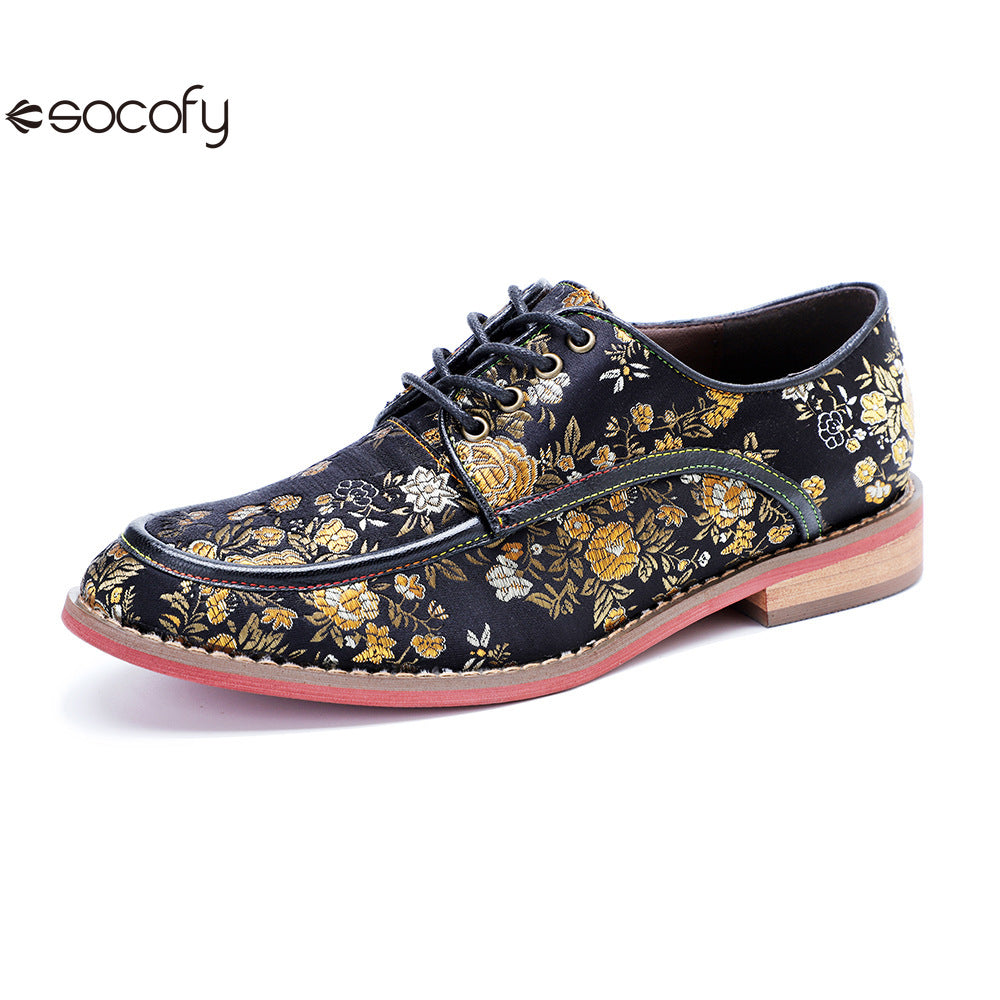 Socofy Genuine Leather Retro Flat Print Casual Lace-up Loafers Shoes