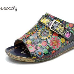 Socofy Spring Summer Genuine Leather Outside Slippers Hand-painted Retro Comfort Flat Sandals