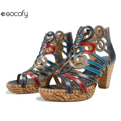 Socofy Genuine Leather Hook & Loop Mixed Colors Retro Sewing Casual High Heels Women Shoes