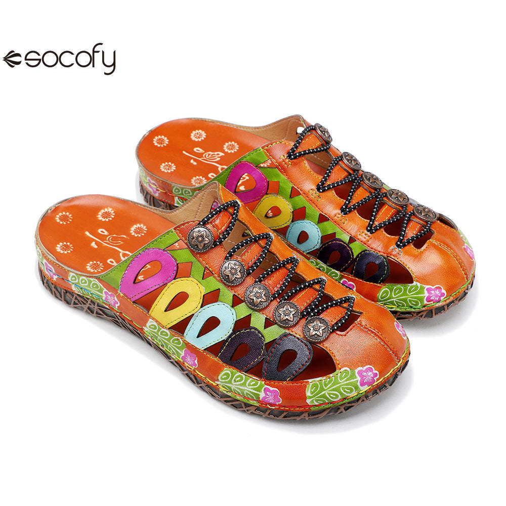 Socofy Summer Leather Hollow Out Buckle Comfortable Flat Women's Slippers