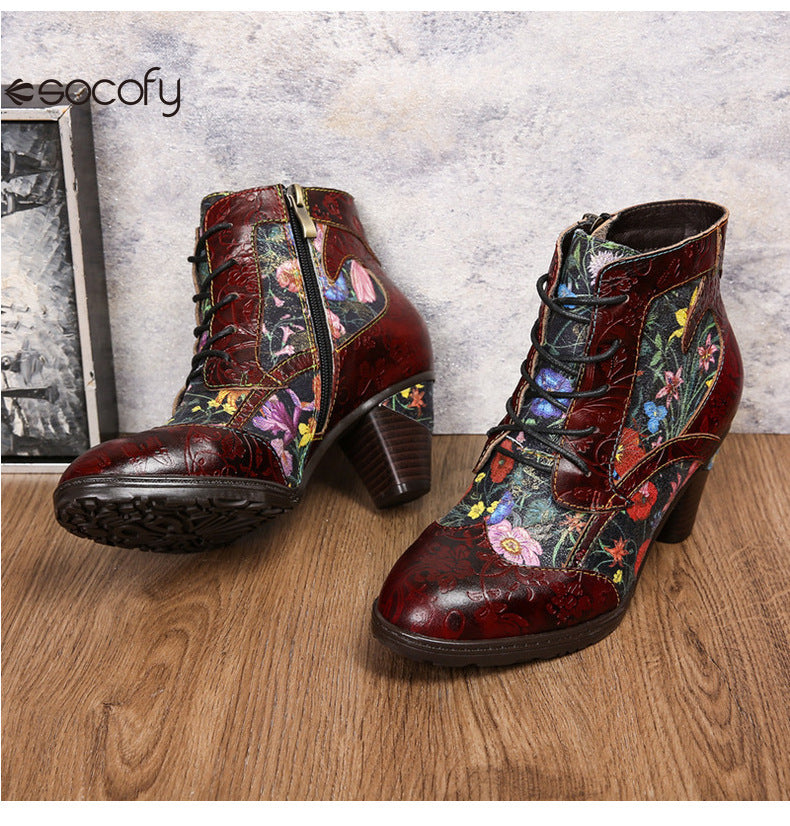 Socofy Vicconfy Vintage Floral Cowhide Ethnic Women's Leather Boots