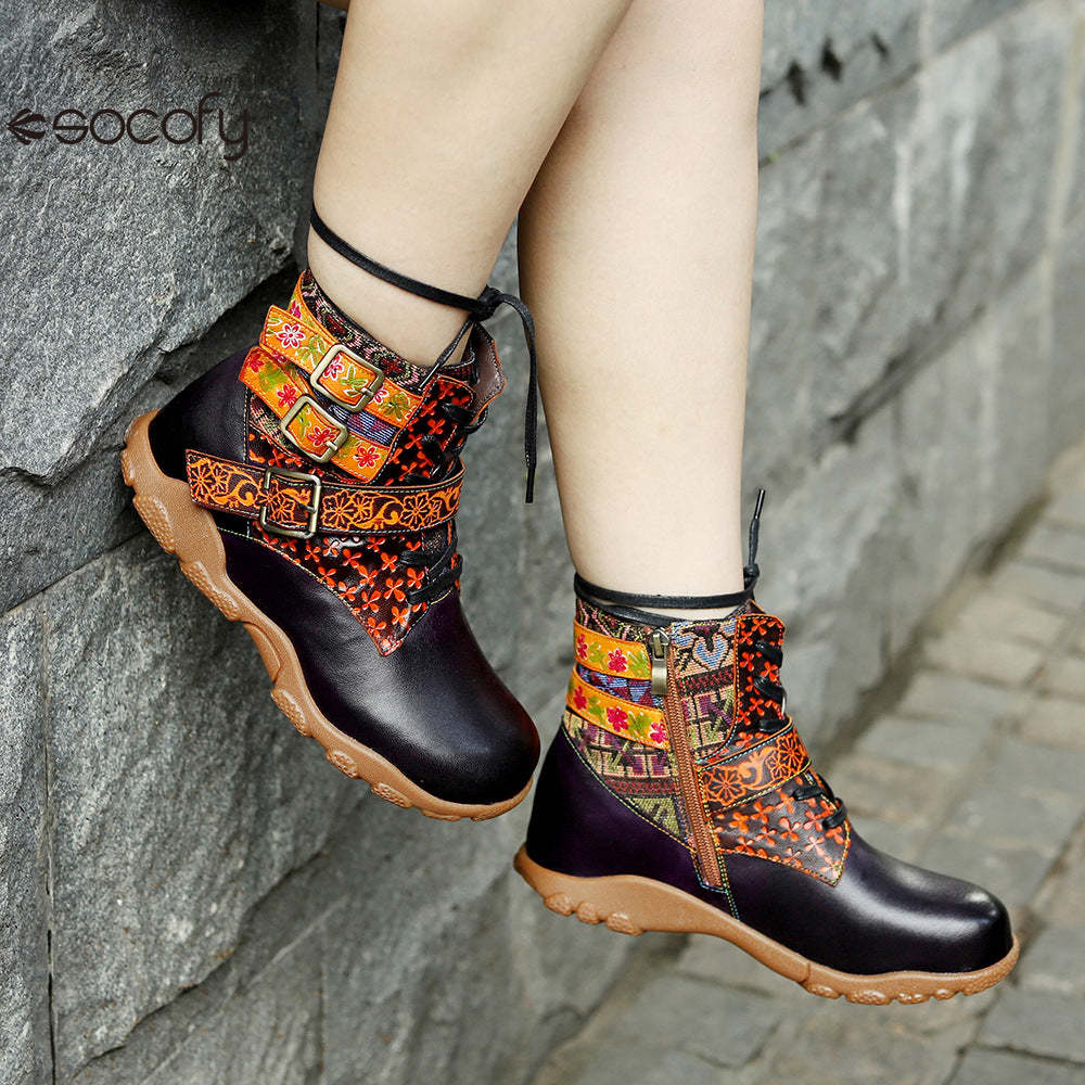 Socofy Vicconfy Leather Handmade Color Rubbed Printed Belt Buckle Flat Women's Boots