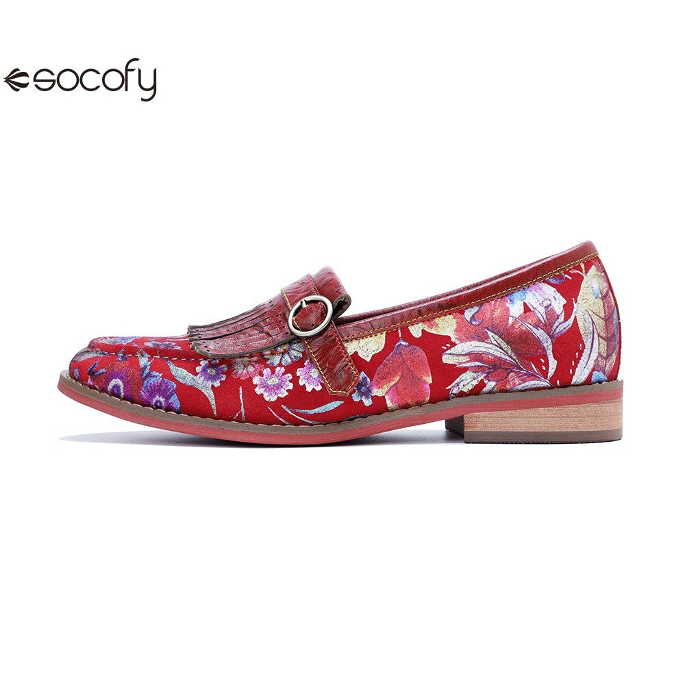 Socofy Handmade Leather Vintage Printed Tassel Flat Loafers Shoes