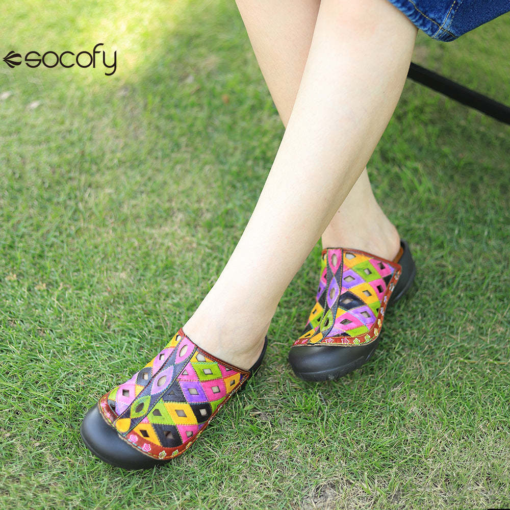 Socofy Genuine leather hand-rubbed casual retro colorful hollow comfortable flat slippers