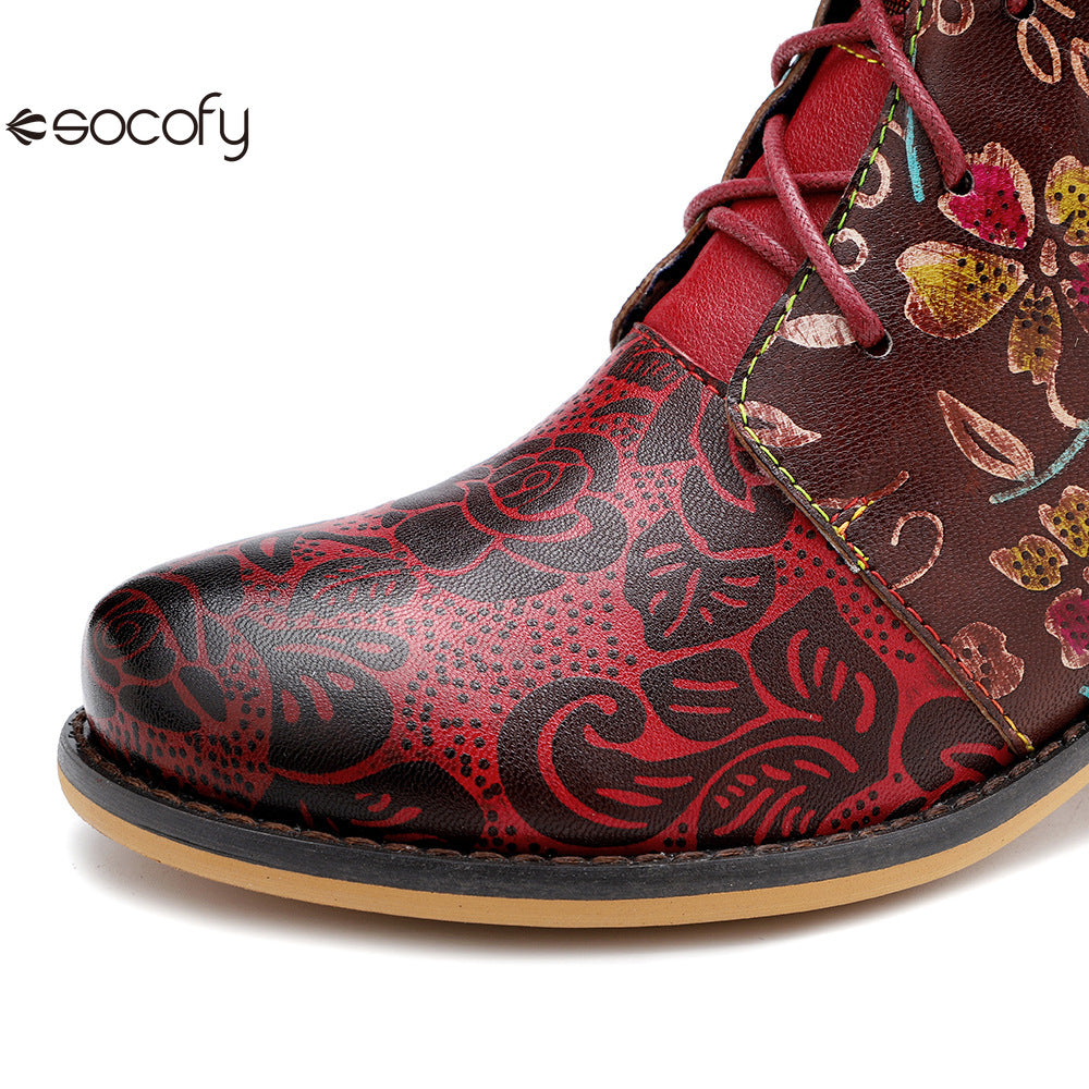 Socofy Vicconfy Genuine Leather Lace Up Cowboy Jacquard Colorblocking Ankle Boots