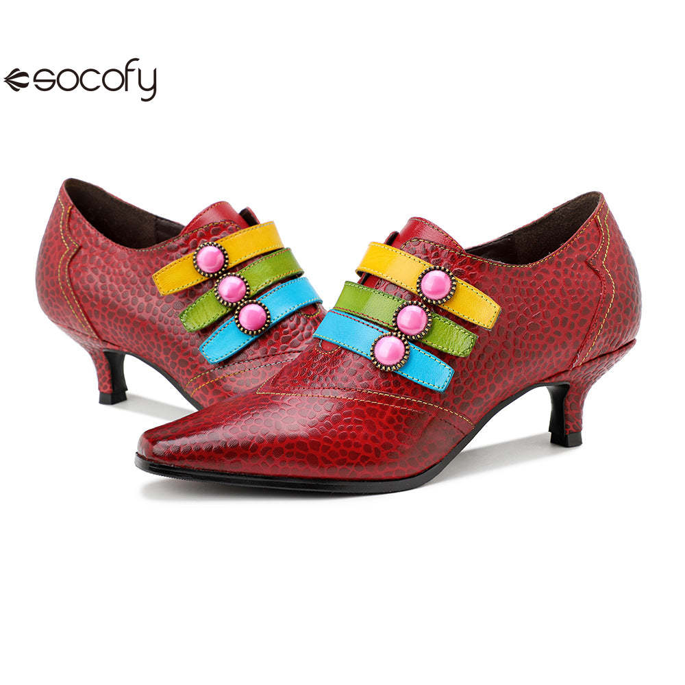 Socofy Red Leather Vintage Buckle High Heels Women's Shoes