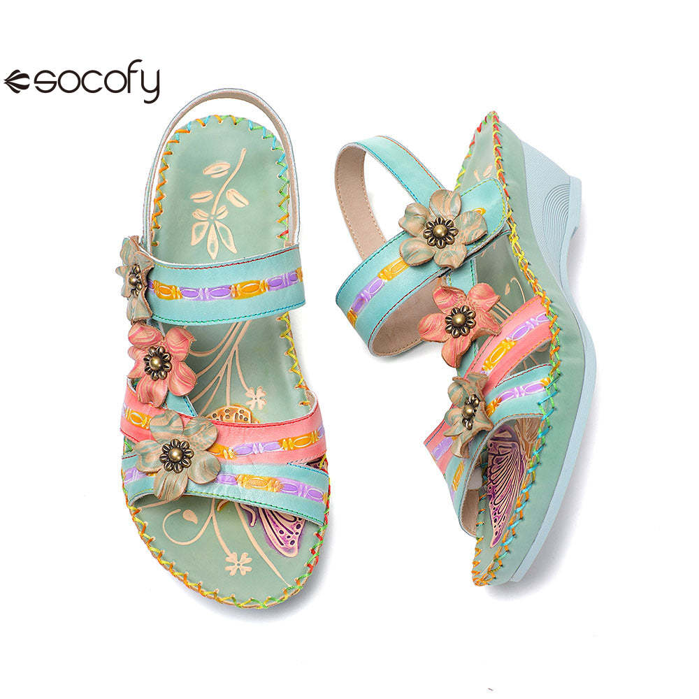 Socofy Vicconfy Genunie Leather Floral Handmade Women's Sandals