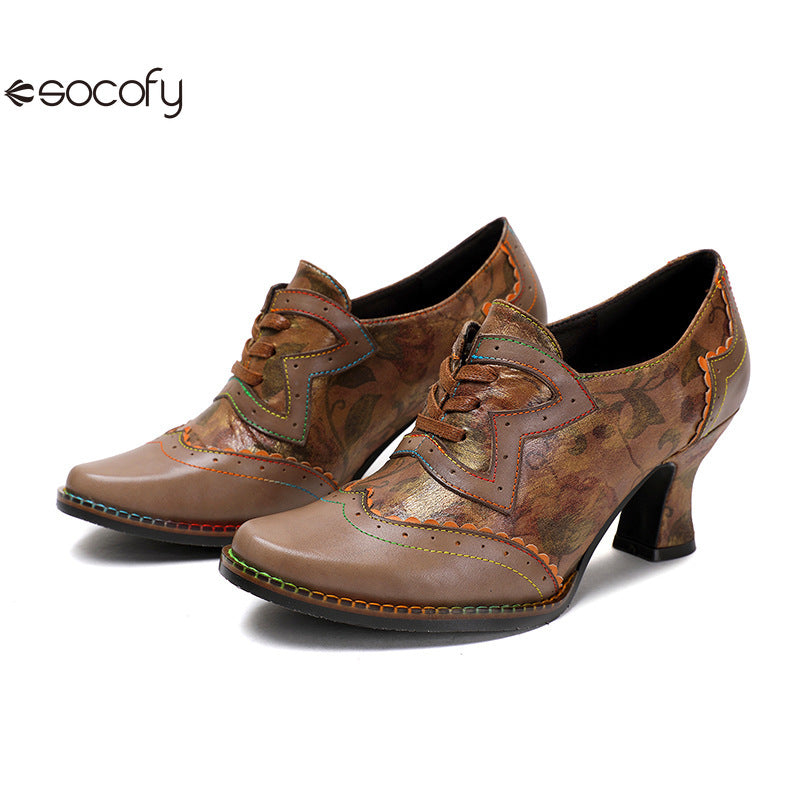 Socofy Vicconfy Genuine Leather Ethnic Brown High Heels