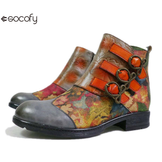 Socofy Low-top genuine leather brown round toe trendy women's fashion boots 1200