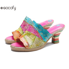 Socofy Summer Leather Vintage Colour Block High Heeled Sandals