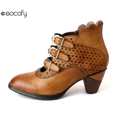 Socofy Vicconfy Retro Cutout High Heel Leather Boots