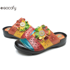 Socofy genuine leather handmade hollow three-dimensional flower comfortable flat slippers