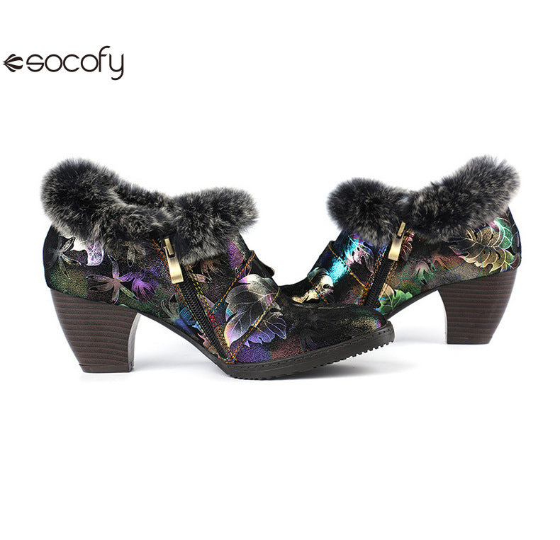 Socofy Vicconfy Genuine Leather Vintage Genuine Wool Patchwork Vintage Illusion Pumps