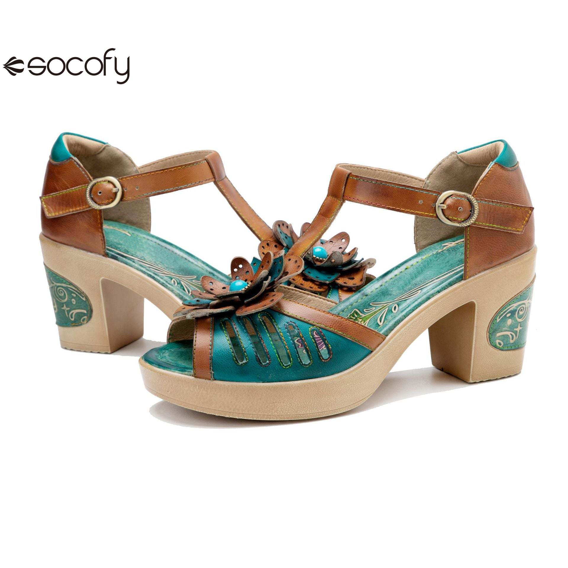 Socofy spring and summer leather retro casual three-dimensional flowers buckle strap women's sandals