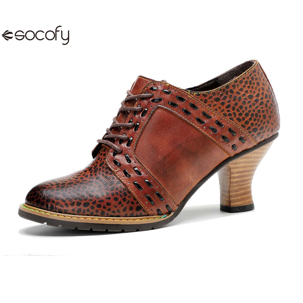 Socofy Leather Leopard Print Lace Up Women's High Heels