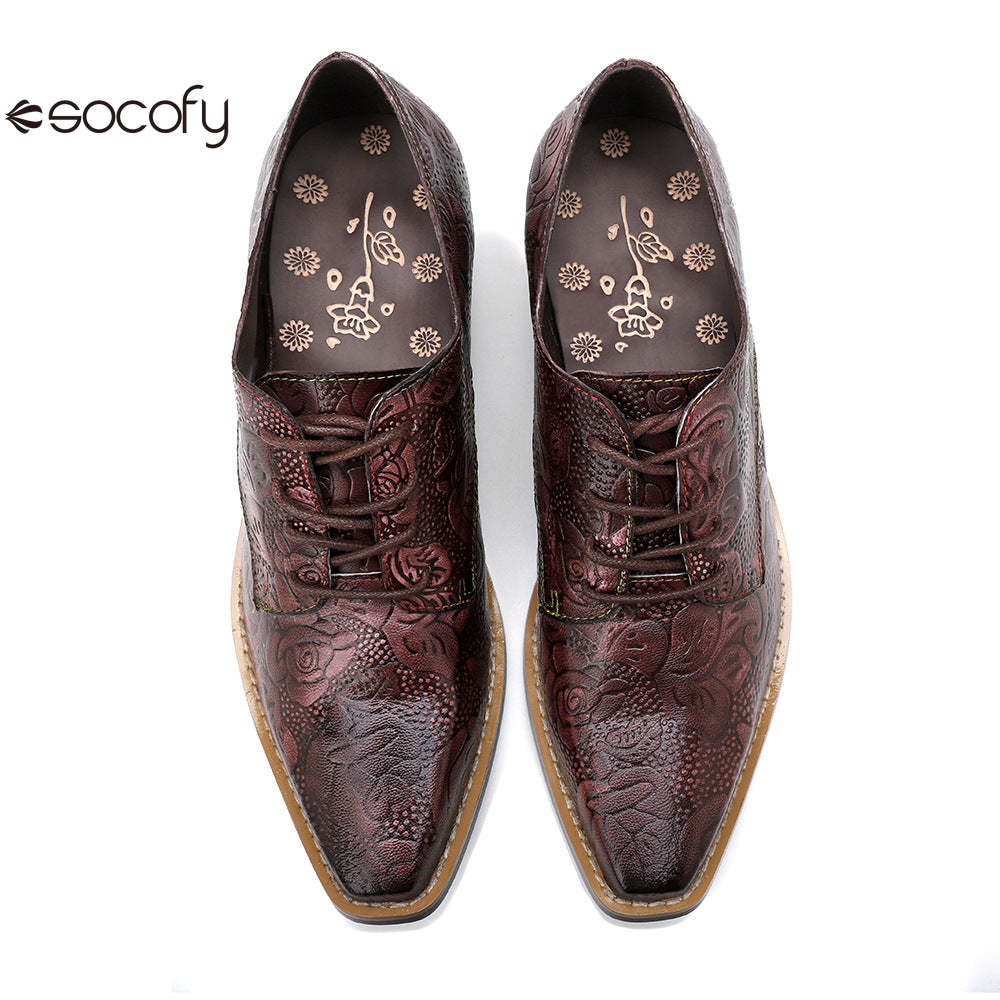 Socofy leather retro British style dark flower texture women's thick heel flat shoes