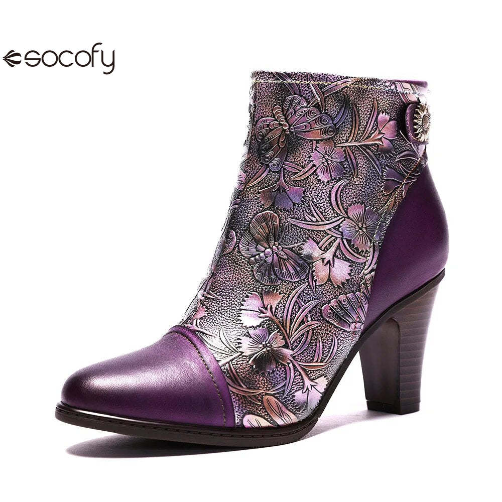 SOCOFY Genuine Leather Retro Handmade Exquisite Embossed Fashion Zip Winter Boots