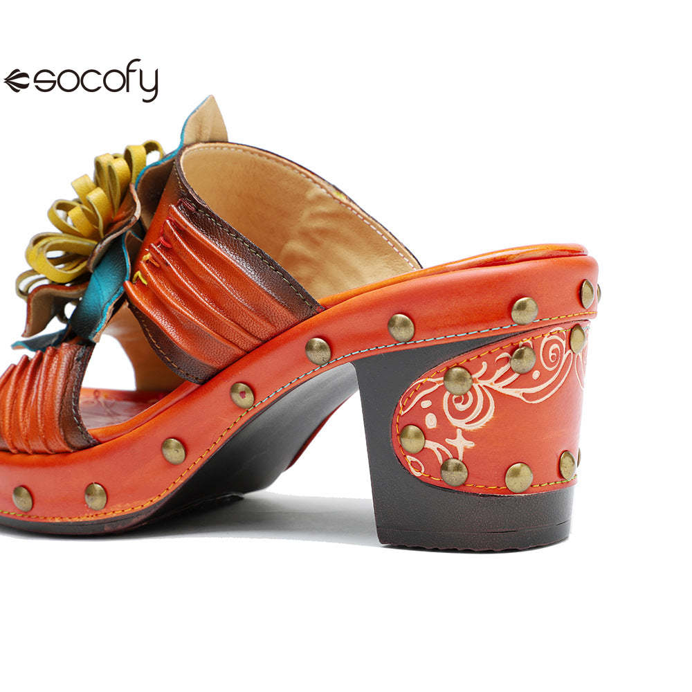 Socofy Genuine Leather Hand-painted Retro High Heeled Slippers Sandals