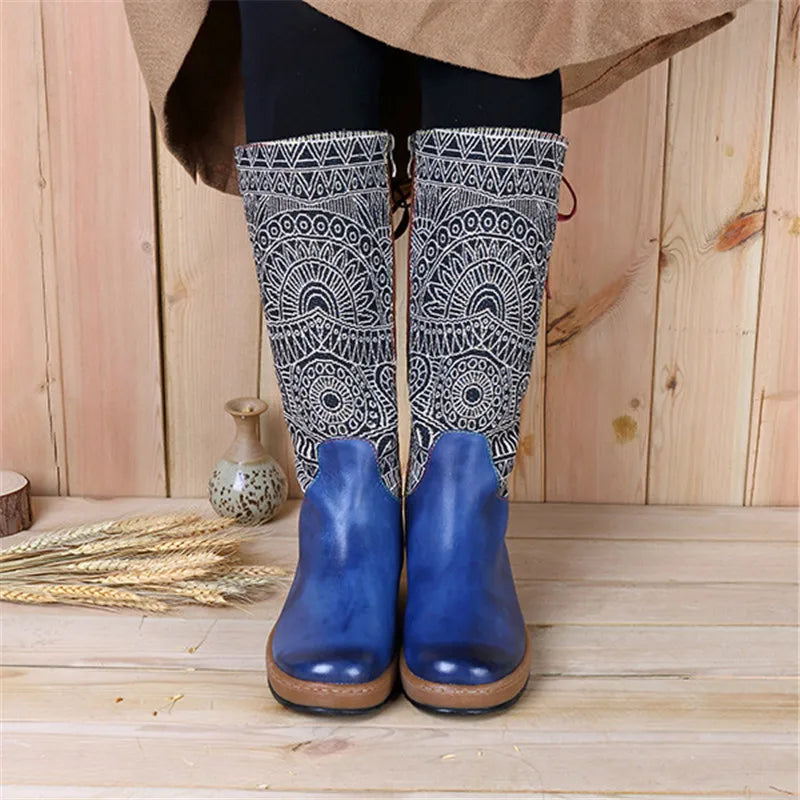 Socofy Vinatge Handmade Knee High Boots For Women Genuine Leather Shoes Women