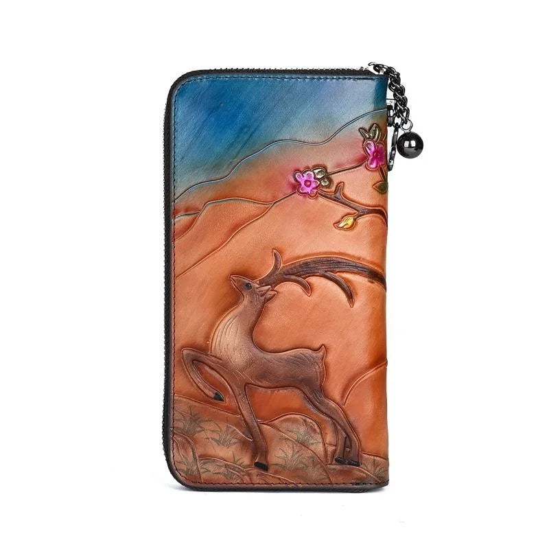 Socofy Long Wallets Vintage Woman Wallet Genuine Leather  Phone Bag Lady Hand-painted Leather Purse