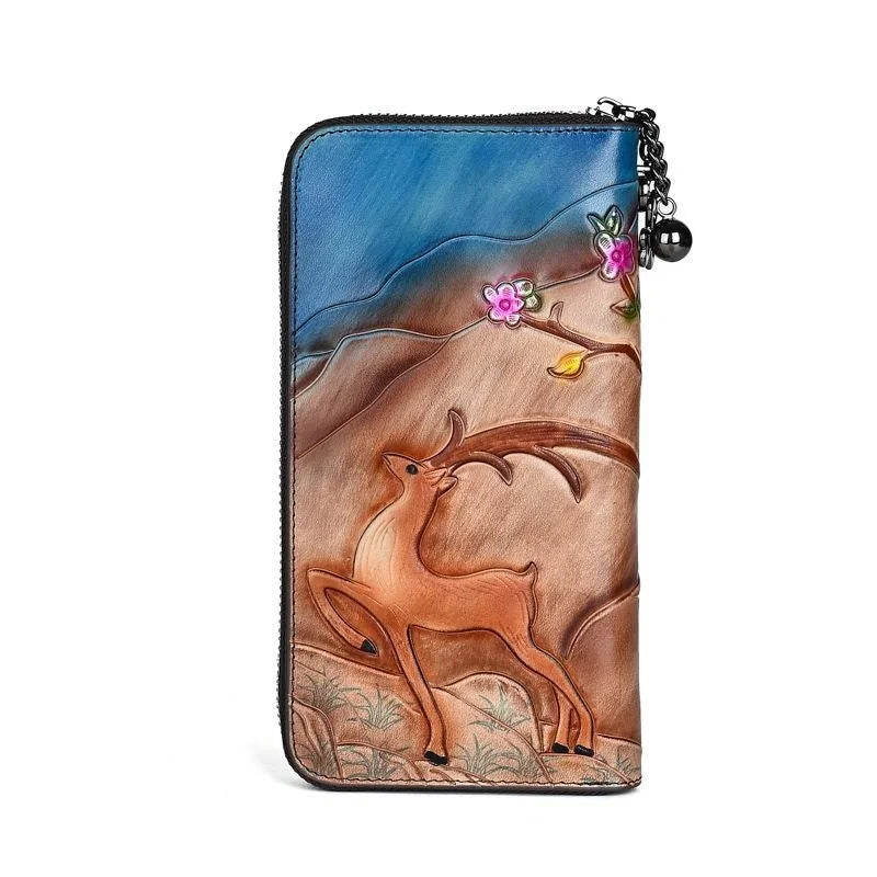 Socofy Long Wallets Vintage Woman Wallet Genuine Leather  Phone Bag Lady Hand-painted Leather Purse