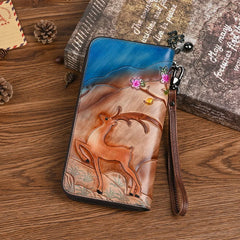 Socofy Long Wallets Vintage Woman Wallet Genuine Leather  Phone Bag Lady Hand-painted Leather Purse