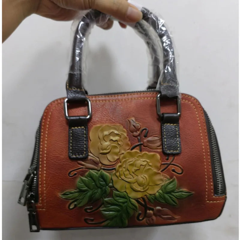 Socofy Floral Embossed Genuine Leather Shoulder Bag For Ladies