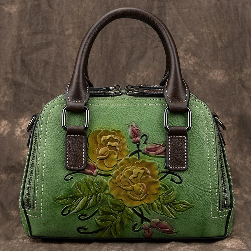 Socofy Floral Embossed Genuine Leather Shoulder Bag For Ladies