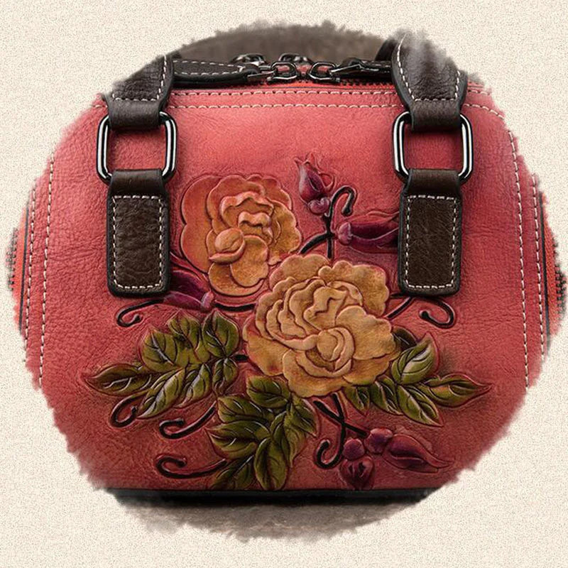 Socofy Floral Embossed Genuine Leather Shoulder Bag For Ladies