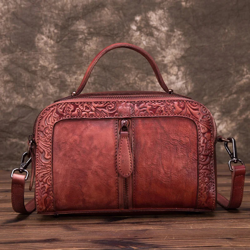 Socofy Genuine Leather Women Shoulder Bag Vintage Embossed Top-handle Bags For Female Hand-painted Retro Crossbody Bag Ladies