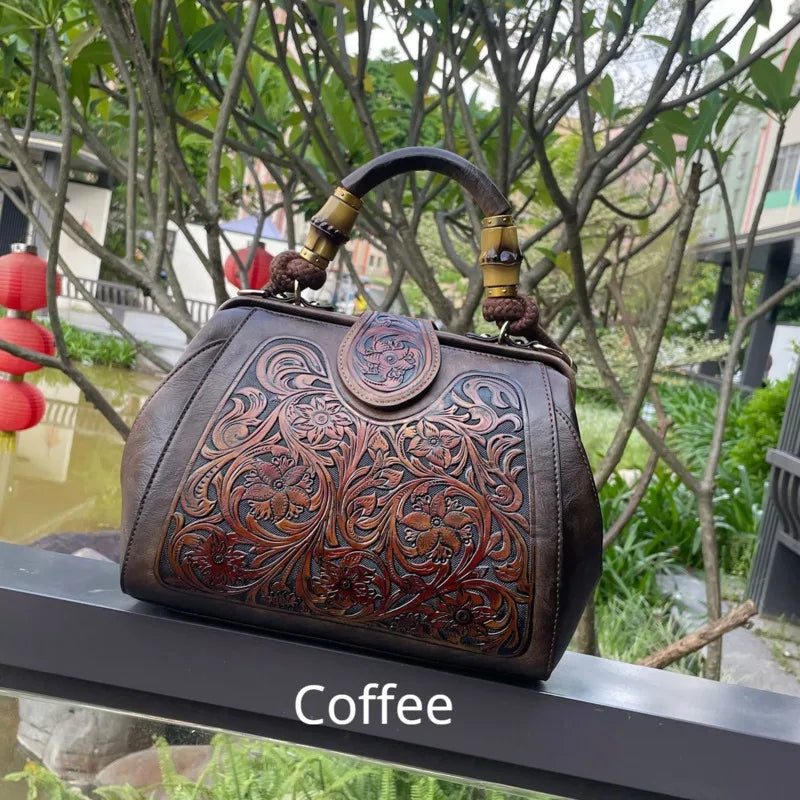 Socofy Handmade Women Shoulder Bag Vintage Carved Leather Women's Bag trend Handbags Female Bags