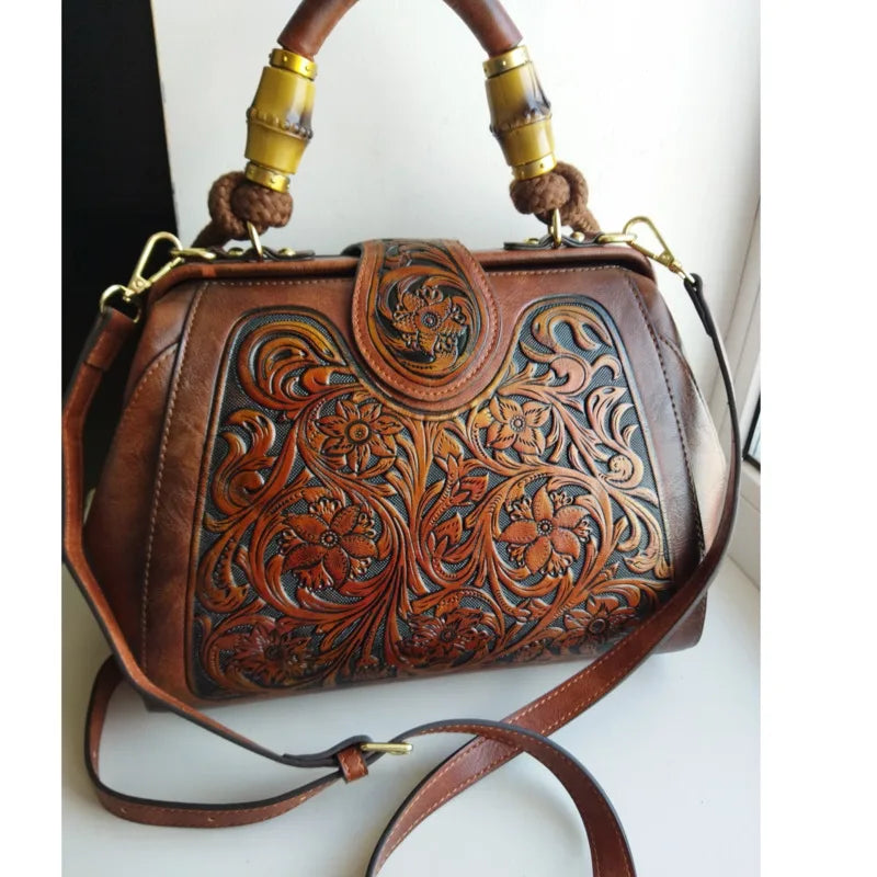 Socofy Handmade Women Shoulder Bag Vintage Carved Leather Women's Bag trend Handbags Female Bags