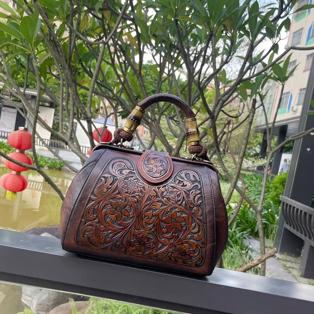 Socofy Handmade Women Shoulder Bag Vintage Carved Leather Women's Bag trend Handbags Female Bags