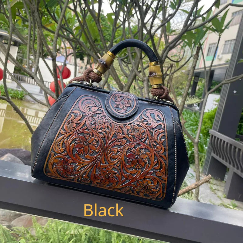 Socofy Handmade Women Shoulder Bag Vintage Carved Leather Women's Bag trend Handbags Female Bags