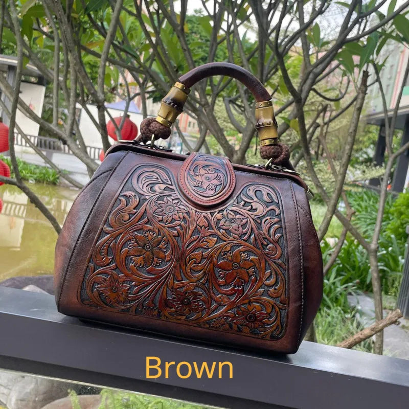 Socofy Handmade Women Shoulder Bag Vintage Carved Leather Women's Bag trend Handbags Female Bags